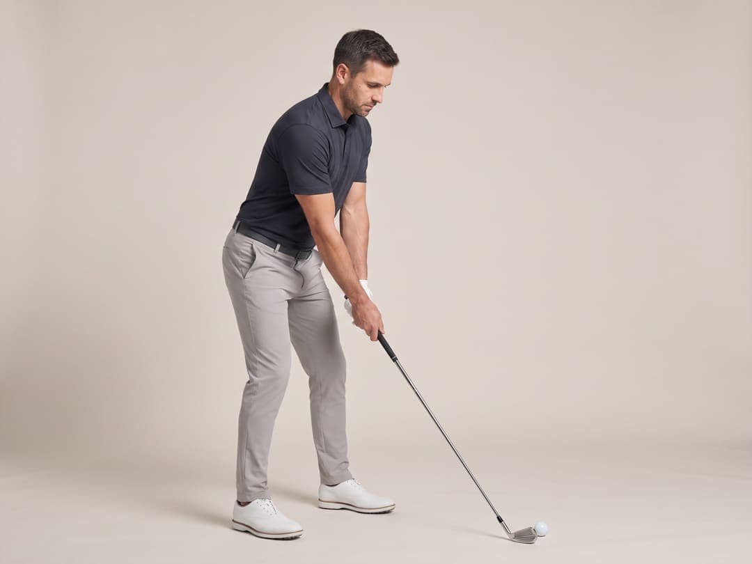 The golfer back over the ball, set up for the next one.