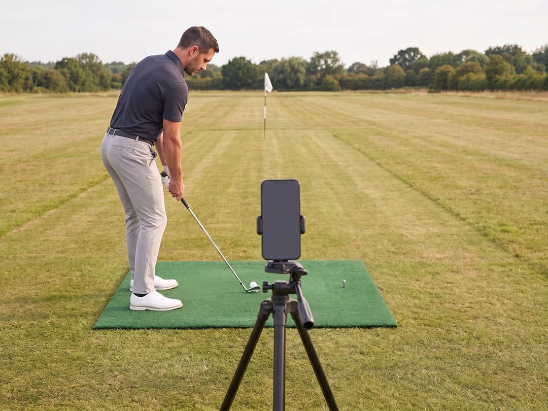 A phone upright on a tripod, the golfer beyond it at the ball on the line to the flag.