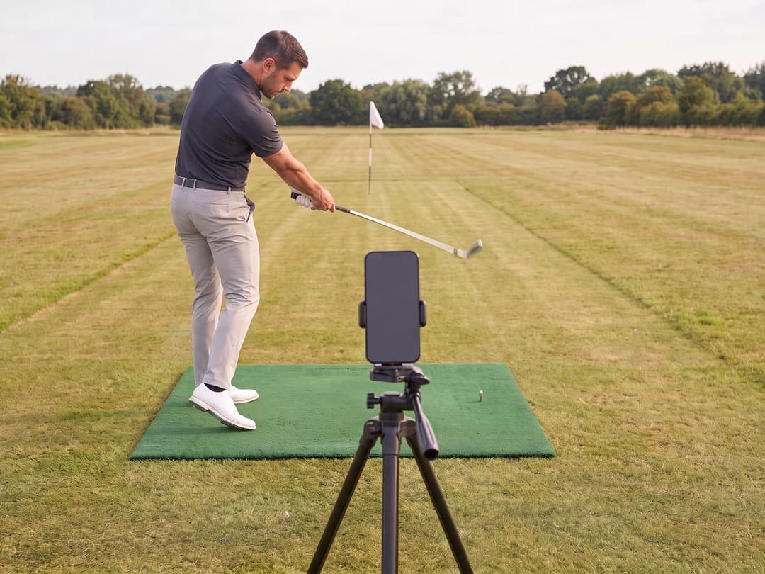 The golfer mid-swing, the phone upright on its tripod recording in front of him.