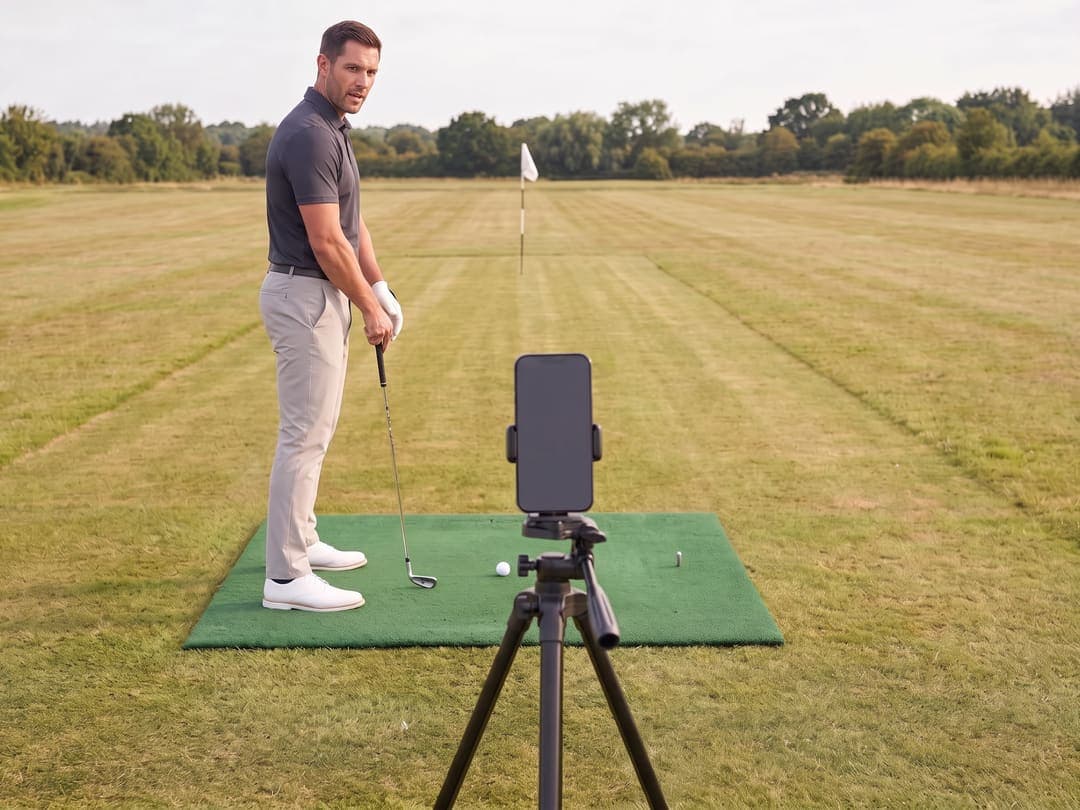 A golfer talking to the app while standing on the range.