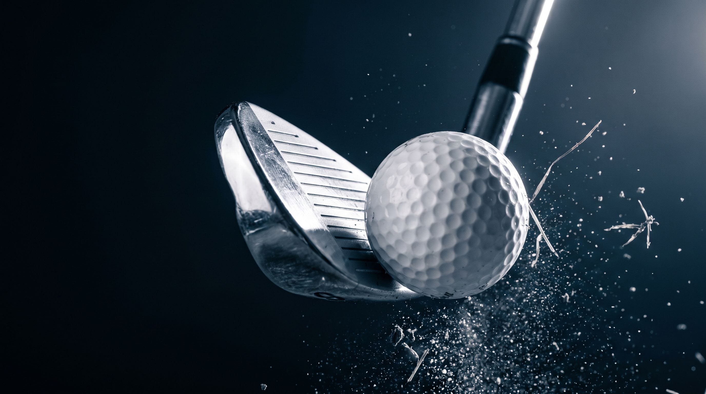 Close-up: a chrome iron striking a golf ball in the dark, turf fragments flying.